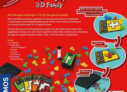 KOSMOS Ubongo 3-D Family – Räumliches Legespiel ab 8 Jahren – Verpackungsrückseite mit Spielablauf und Inhalt