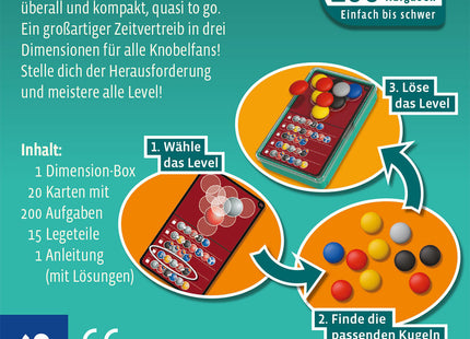 KOSMOS Dimension Brain Games – Kugel-Knobelspiel mit 200 Leveln – Rückseite mit Aufgabenprinzip und Altersangabe