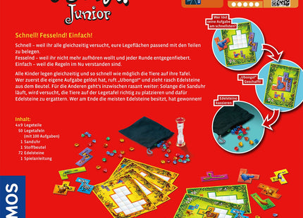 KOSMOS Ubongo Junior – Tierisches Legespiel ab 5 Jahren – Verpackungsrückseite mit Spielablauf und Inhalt