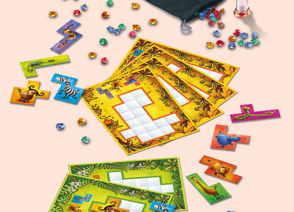 KOSMOS Ubongo Junior – Tierisches Legespiel ab 5 Jahren – Legetafeln, Tierformen, Edelsteine, Sanduhr und Stoffbeutel