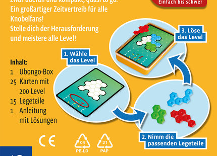KOSMOS Ubongo! Extrem Brain Games – Solo-Puzzles mit Hex-Teilen – Verpackungsrückseite mit Solo-Spielprinzip und Inhalt