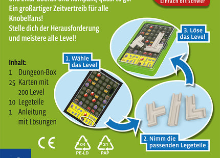 KOSMOS Into the Dungeon Brain Games – Solo-Logikspiel ab 8 Jahren – Rückseite mit Dungeon-Aufgaben und Spielablauf