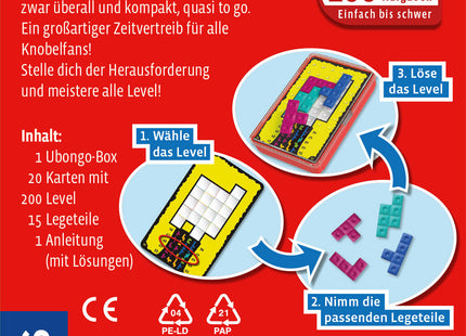 KOSMOS Ubongo Brain Games – Solo-Knobelspiel mit 200 Aufgaben – Verpackungsrückseite mit Spielprinzip und Inhaltsangaben