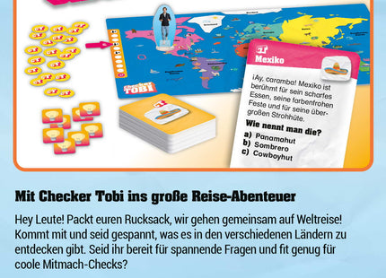 Checker Tobi: Rund um die Welt – Rückseite mit Spielbeschreibung und Inhaltsübersicht
