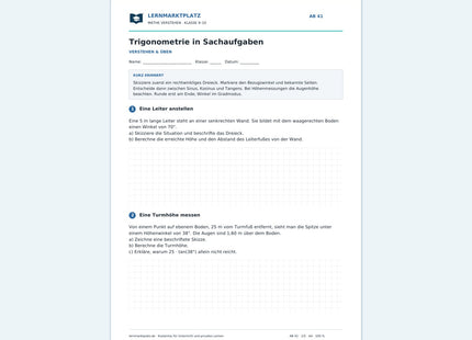 Trigonometrie in Sachaufgaben – kostenloses Mathe-Arbeitsblatt mit Lösungen (PDF)