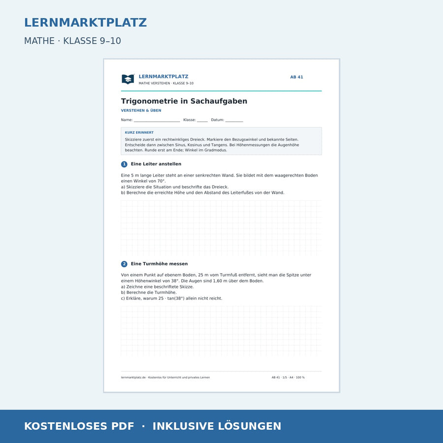 Trigonometrie in Sachaufgaben – kostenloses Mathe-Arbeitsblatt mit Lösungen (PDF)