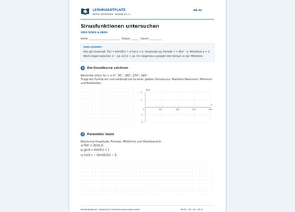 Sinusfunktionen untersuchen – kostenloses Mathe-Arbeitsblatt mit Lösungen (PDF)