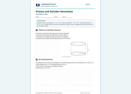 Prisma und Zylinder berechnen – kostenloses Mathe-Arbeitsblatt mit Lösungen (PDF)