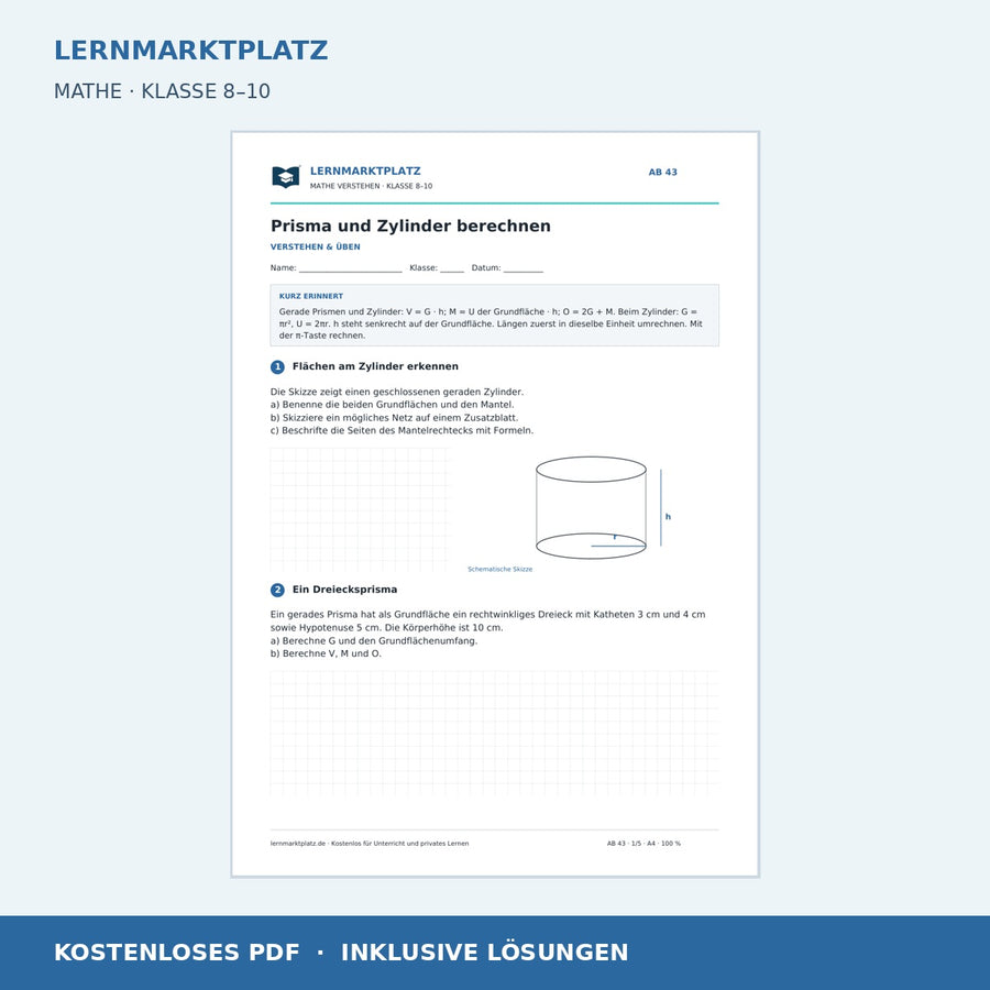 Prisma und Zylinder berechnen – kostenloses Mathe-Arbeitsblatt mit Lösungen (PDF)