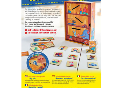 HABA Meine ersten Spiele – Wir räumen auf! – Verpackungsrückseite mit Spielregal und Spielmaterial