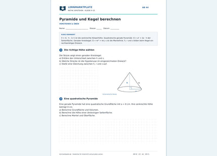 Pyramide und Kegel berechnen – kostenloses Mathe-Arbeitsblatt mit Lösungen (PDF)