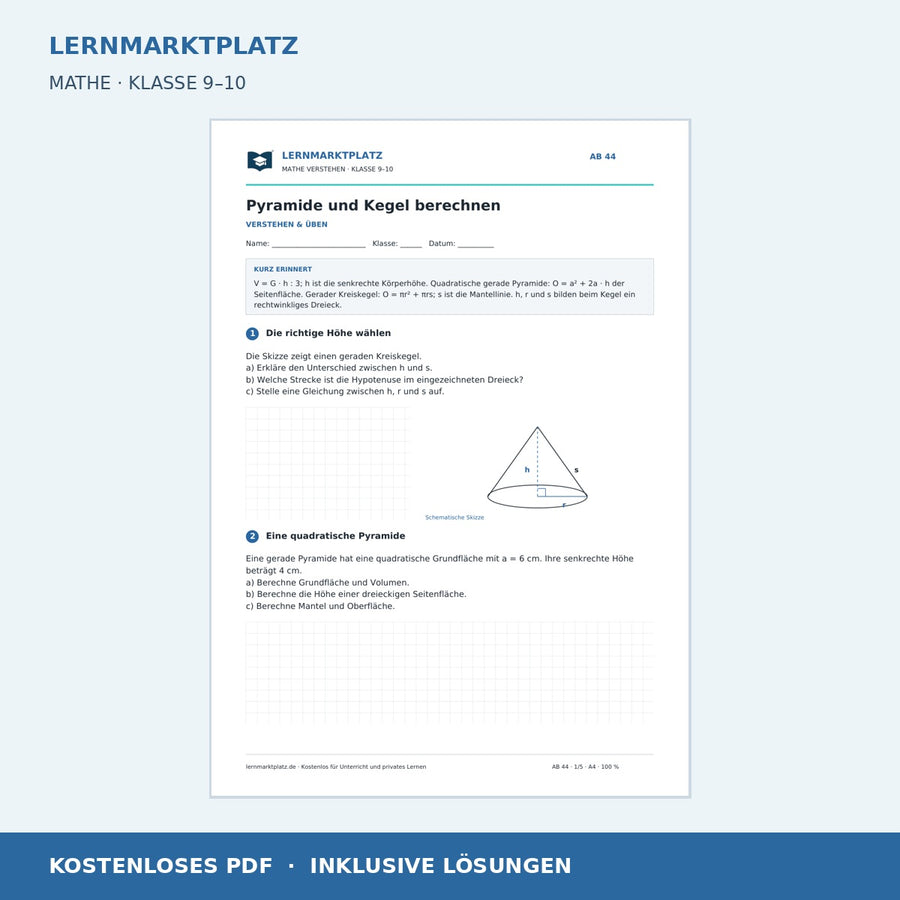 Pyramide und Kegel berechnen – kostenloses Mathe-Arbeitsblatt mit Lösungen (PDF)