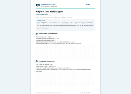 Kugeln und Halbkugeln – kostenloses Mathe-Arbeitsblatt mit Lösungen (PDF)