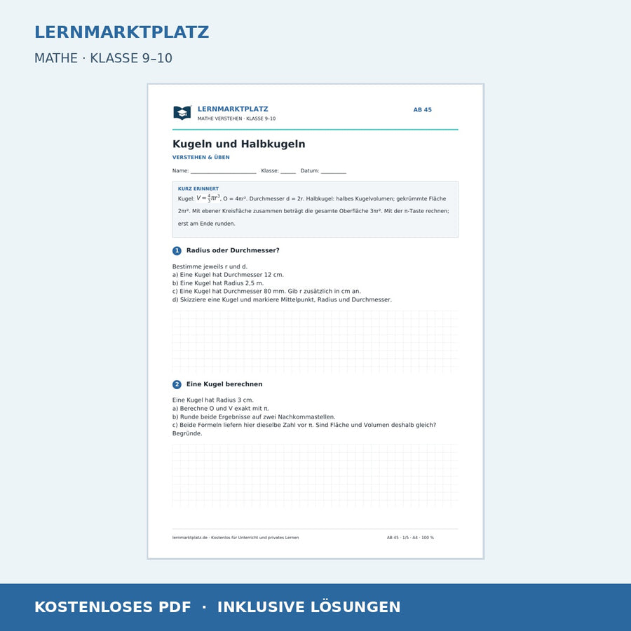 Kugeln und Halbkugeln – kostenloses Mathe-Arbeitsblatt mit Lösungen (PDF)