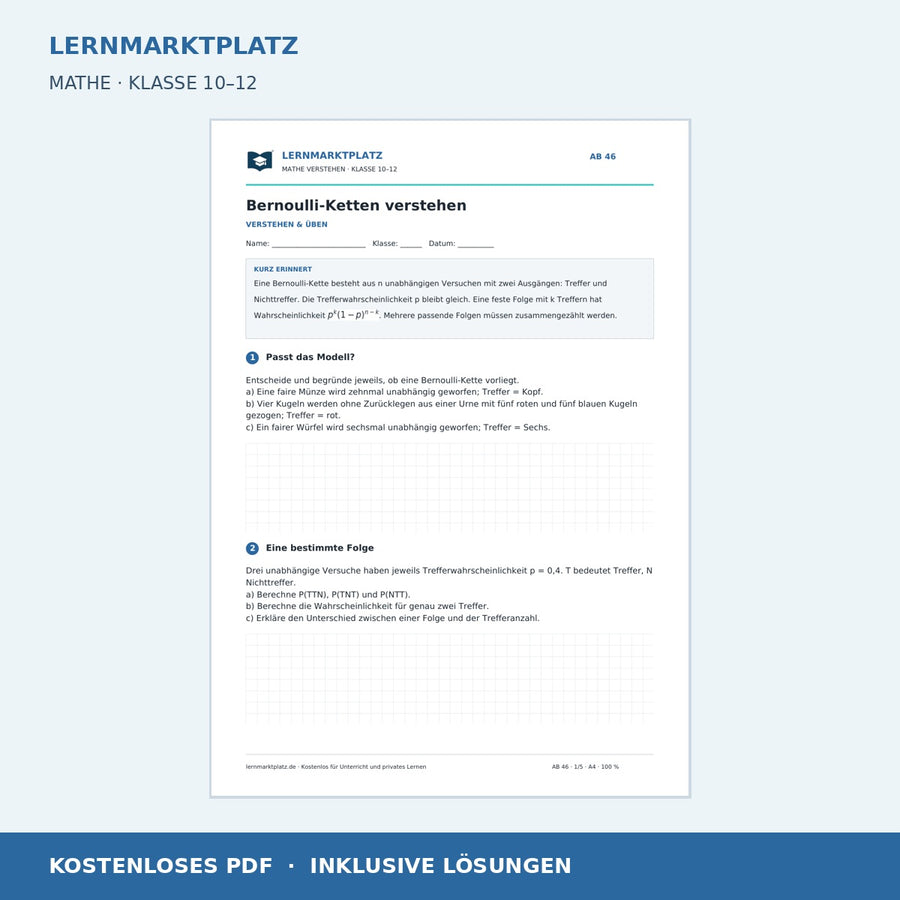 Bernoulli-Ketten verstehen – kostenloses Mathe-Arbeitsblatt mit Lösungen (PDF)