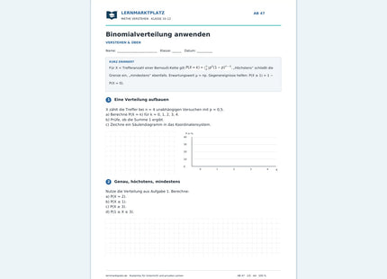 Binomialverteilung anwenden – kostenloses Mathe-Arbeitsblatt mit Lösungen (PDF)