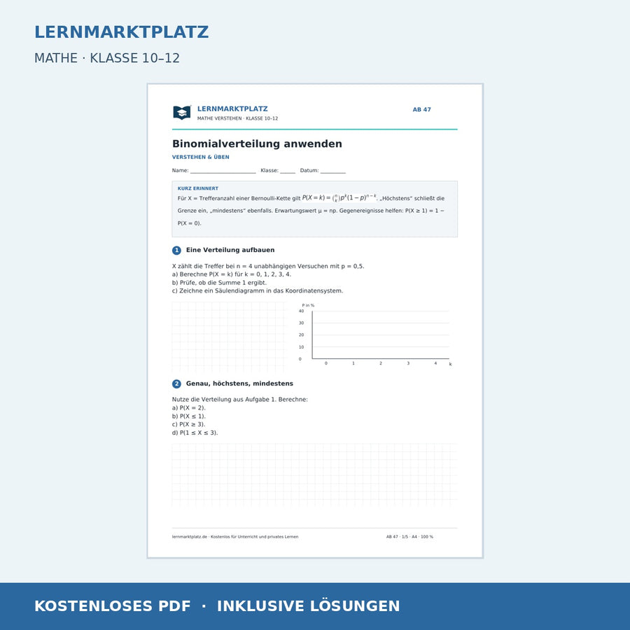 Binomialverteilung anwenden – kostenloses Mathe-Arbeitsblatt mit Lösungen (PDF)