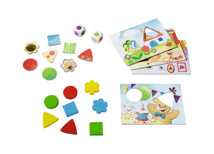 HABA Meine ersten Spiele – Teddys Farben & Formen – Spielmaterial mit Formen, Spielplänen und zwei Würfeln