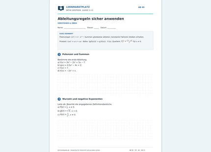 Ableitungsregeln sicher anwenden – kostenloses Mathe-Arbeitsblatt mit Lösungen (PDF)
