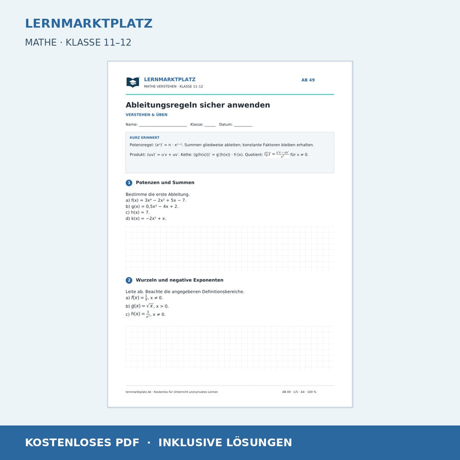 Ableitungsregeln sicher anwenden – kostenloses Mathe-Arbeitsblatt mit Lösungen (PDF)
