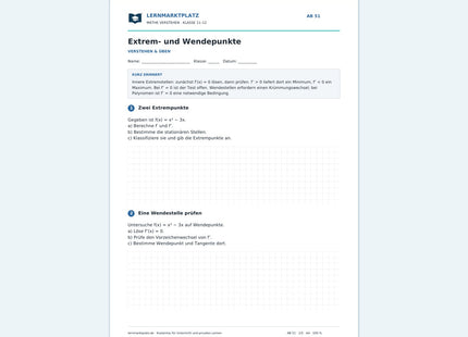Extrem- und Wendepunkte – kostenloses Mathe-Arbeitsblatt mit Lösungen (PDF)