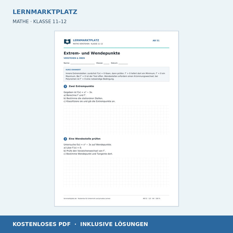 Extrem- und Wendepunkte – kostenloses Mathe-Arbeitsblatt mit Lösungen (PDF)