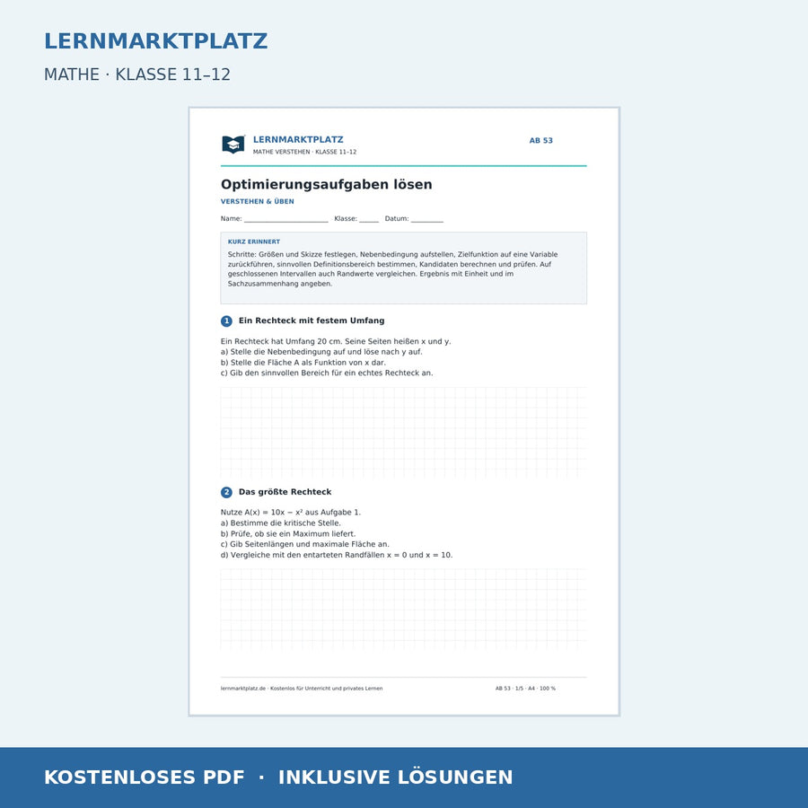 Optimierungsaufgaben lösen – kostenloses Mathe-Arbeitsblatt mit Lösungen (PDF)