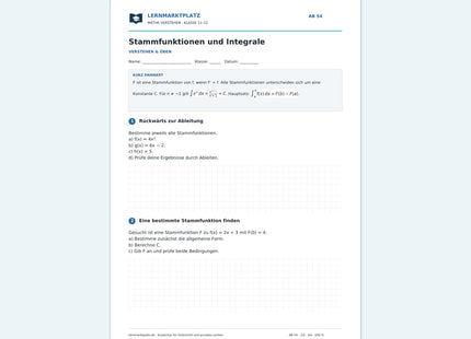 Stammfunktionen und Integrale – kostenloses Mathe-Arbeitsblatt mit Lösungen (PDF)