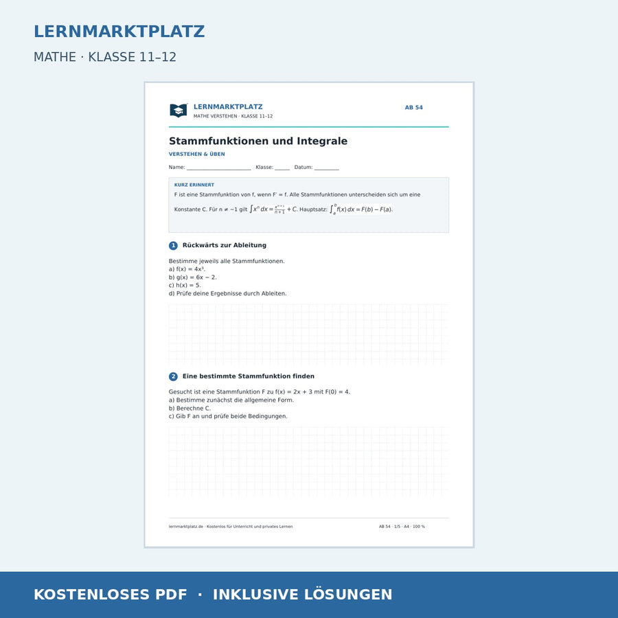 Stammfunktionen und Integrale – kostenloses Mathe-Arbeitsblatt mit Lösungen (PDF)