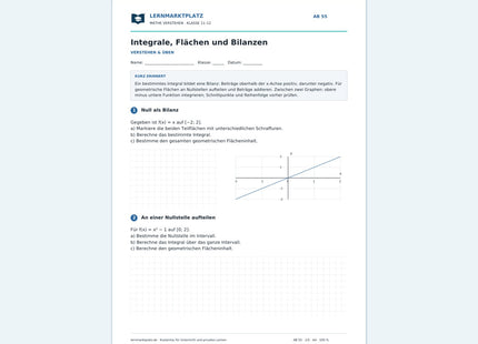 Integrale, Flächen und Bilanzen – kostenloses Mathe-Arbeitsblatt mit Lösungen (PDF)