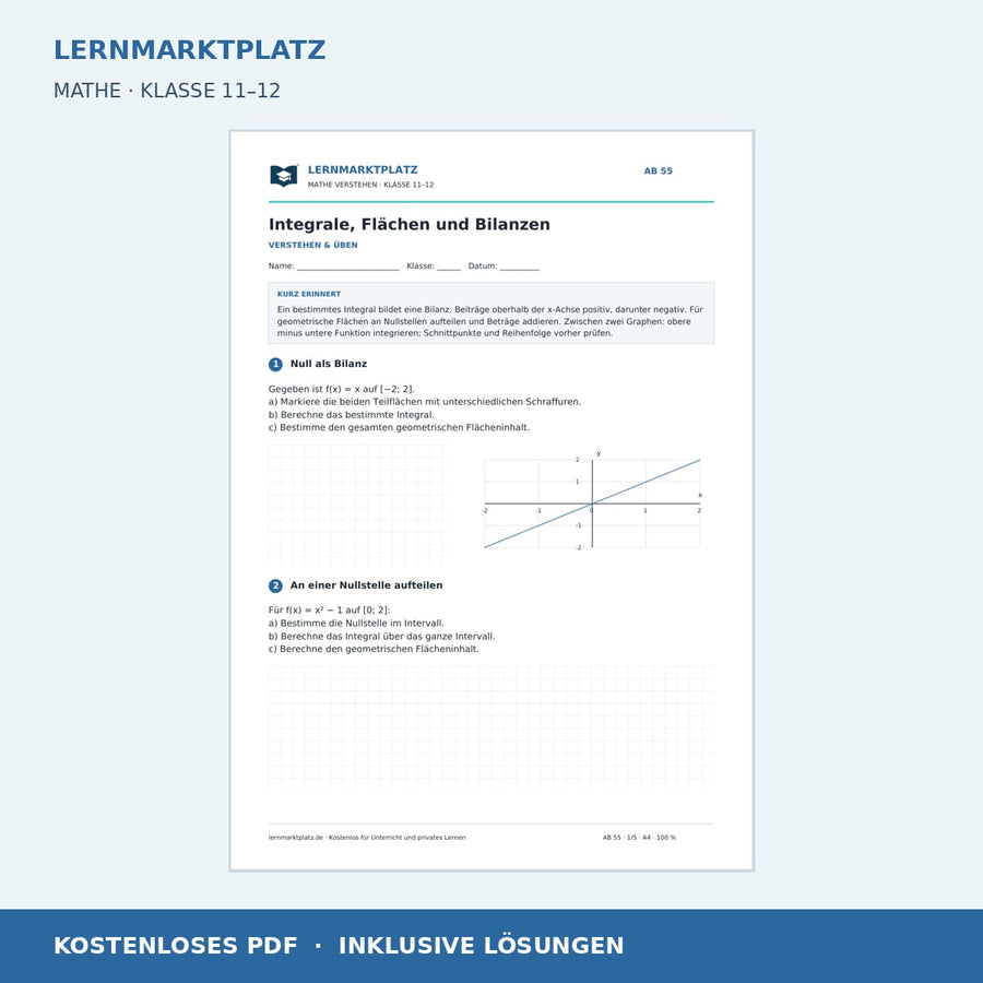 Integrale, Flächen und Bilanzen – kostenloses Mathe-Arbeitsblatt mit Lösungen (PDF)