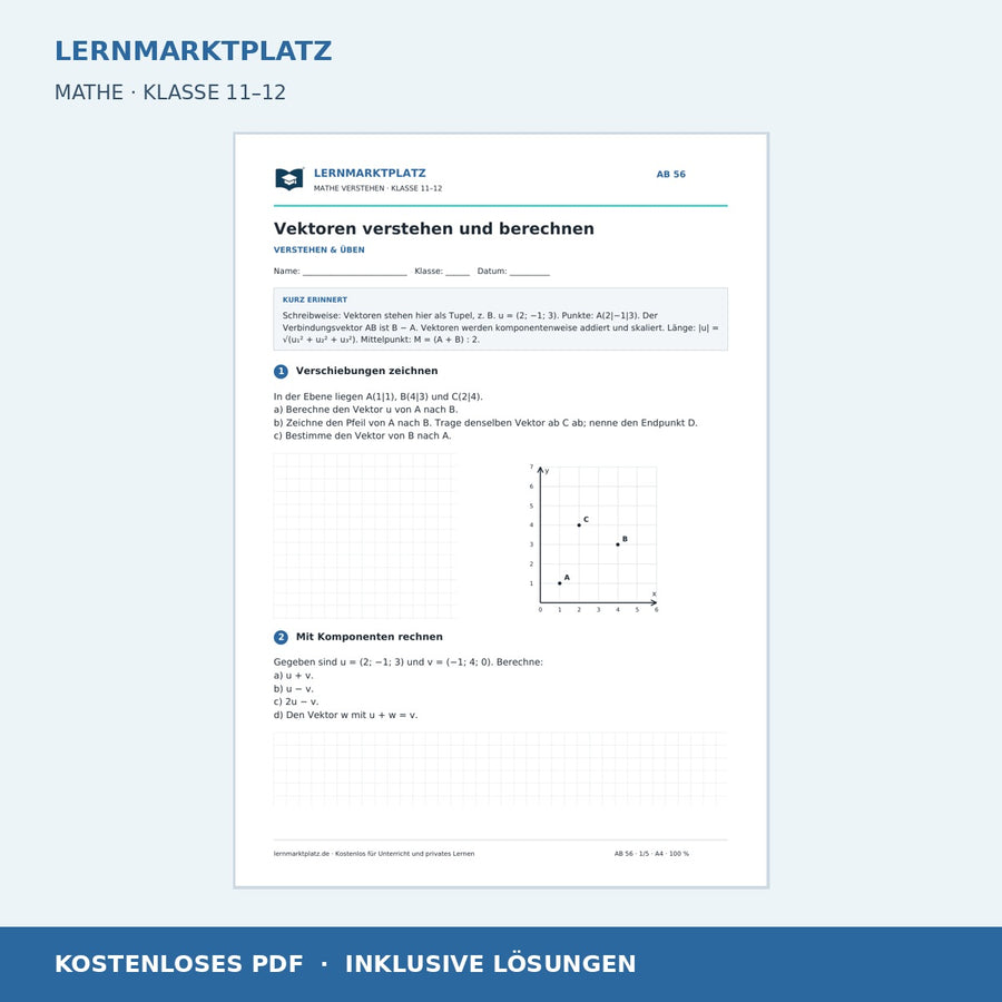 Vektoren verstehen und berechnen – kostenloses Mathe-Arbeitsblatt mit Lösungen (PDF)
