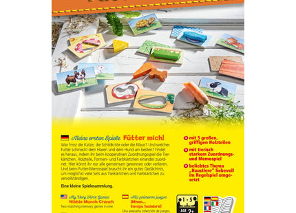 HABA Meine ersten Spiele – Fütter mich! – Verpackungsrückseite mit Materialübersicht und Spielideen