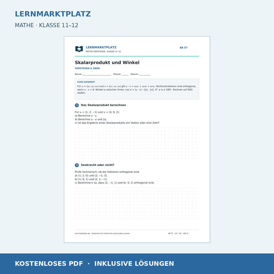 Skalarprodukt und Winkel – kostenloses Mathe-Arbeitsblatt mit Lösungen (PDF)