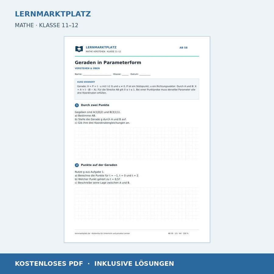 Geraden in Parameterform – kostenloses Mathe-Arbeitsblatt mit Lösungen (PDF)