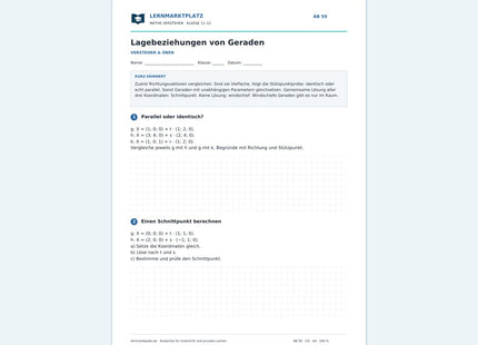 Lagebeziehungen von Geraden – kostenloses Mathe-Arbeitsblatt mit Lösungen (PDF)