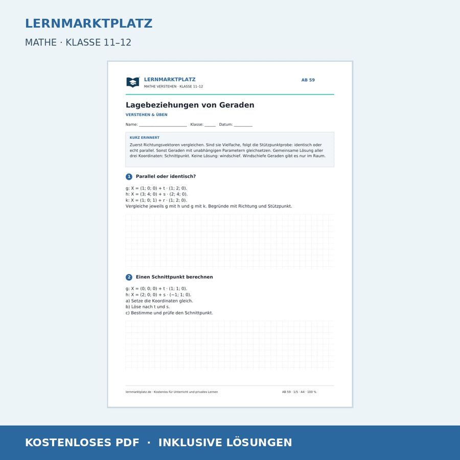 Lagebeziehungen von Geraden – kostenloses Mathe-Arbeitsblatt mit Lösungen (PDF)