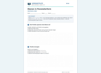 Ebenen in Parameterform – kostenloses Mathe-Arbeitsblatt mit Lösungen (PDF)