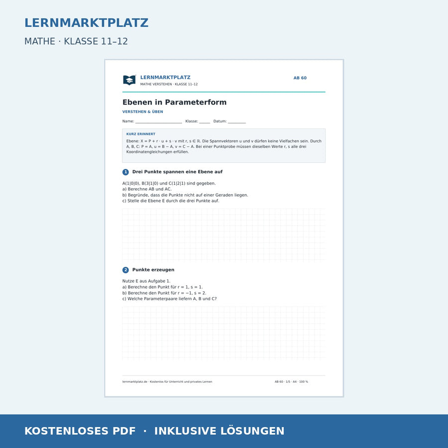Ebenen in Parameterform – kostenloses Mathe-Arbeitsblatt mit Lösungen (PDF)