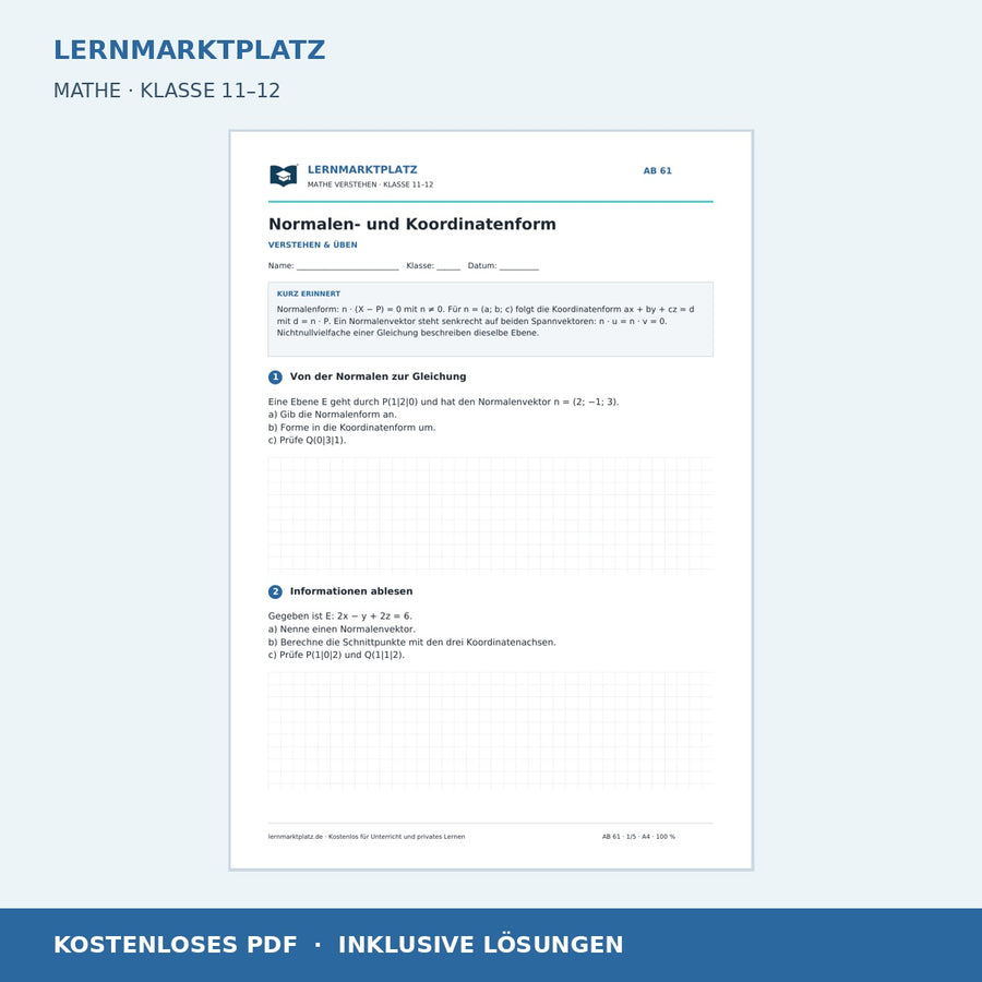 Normalen- und Koordinatenform – kostenloses Mathe-Arbeitsblatt mit Lösungen (PDF)