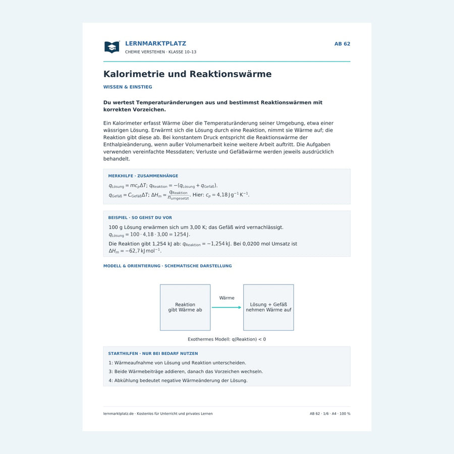 Kalorimetrie und Reaktionswärme – Vorschau des Chemie-Arbeitsblatts