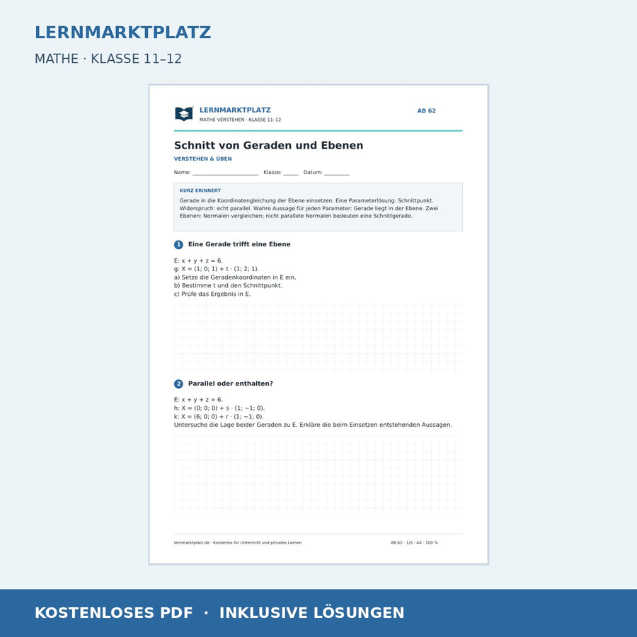 Schnitt von Geraden und Ebenen – kostenloses Mathe-Arbeitsblatt mit Lösungen (PDF)