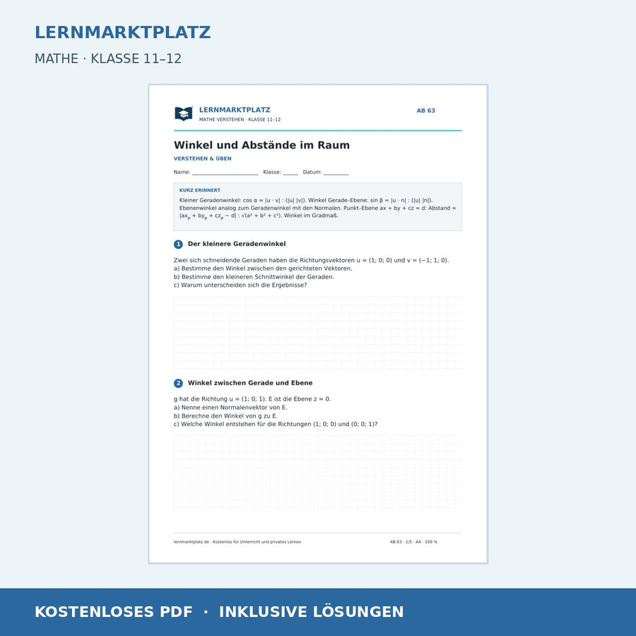 Winkel und Abstände im Raum – kostenloses Mathe-Arbeitsblatt mit Lösungen (PDF)