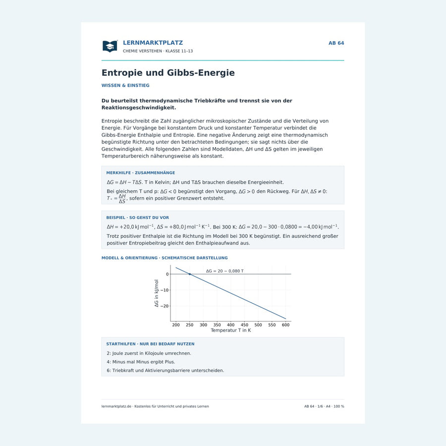 Entropie und Gibbs-Energie – Vorschau des Chemie-Arbeitsblatts