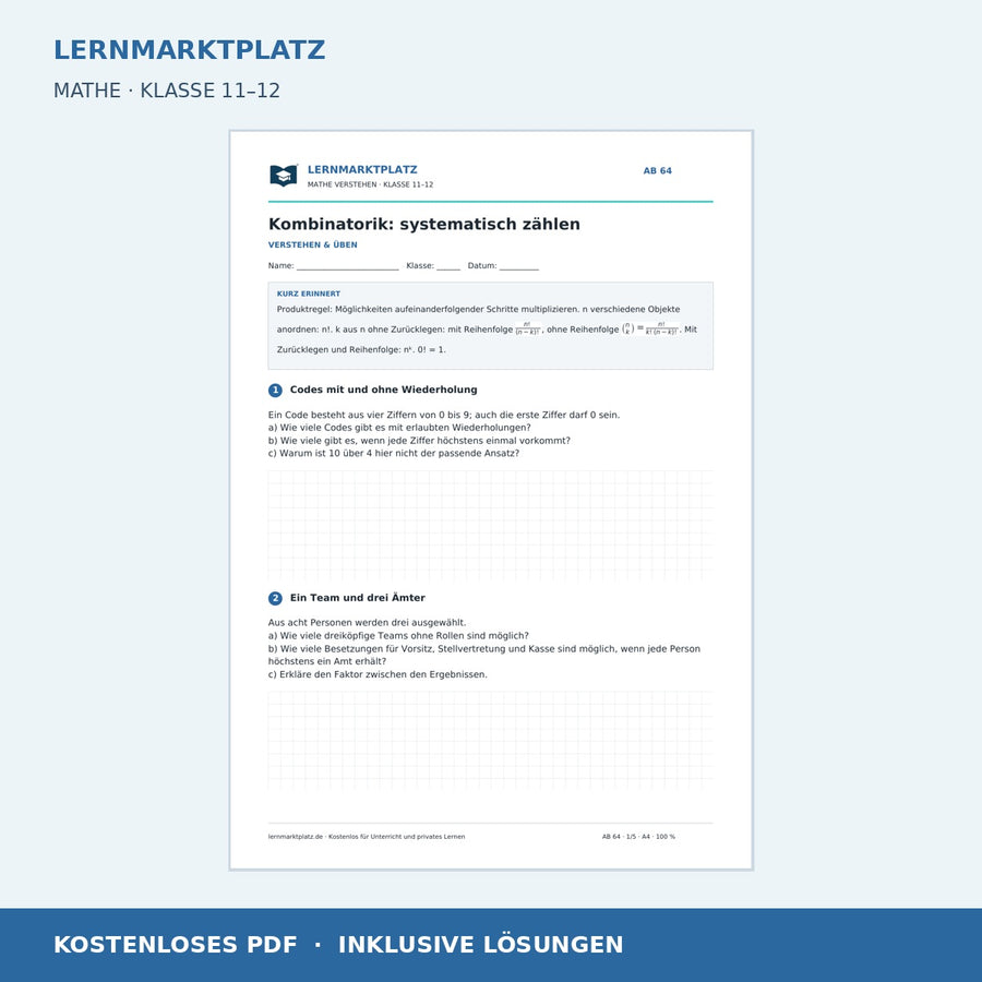 Kombinatorik: systematisch zählen – kostenloses Mathe-Arbeitsblatt mit Lösungen (PDF)