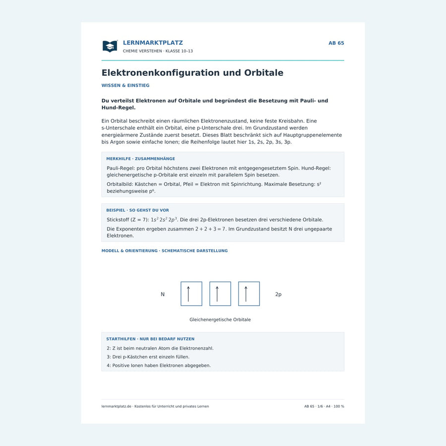 Elektronenkonfiguration und Orbitale – Vorschau des Chemie-Arbeitsblatts