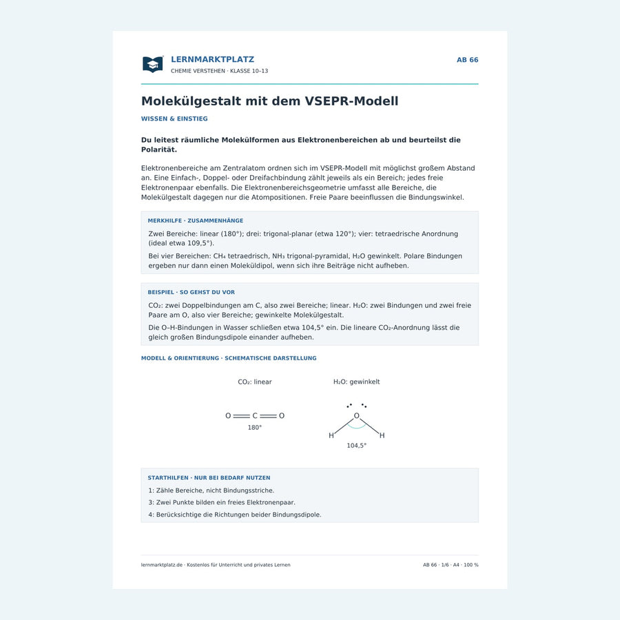 Molekülgestalt mit dem VSEPR-Modell – Vorschau des Chemie-Arbeitsblatts