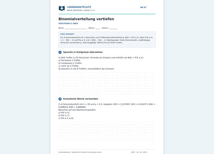 Binomialverteilung vertiefen – kostenloses Mathe-Arbeitsblatt mit Lösungen (PDF)