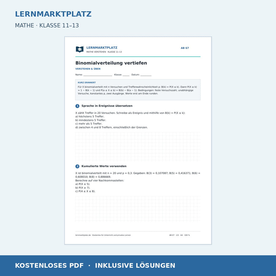 Binomialverteilung vertiefen – kostenloses Mathe-Arbeitsblatt mit Lösungen (PDF)