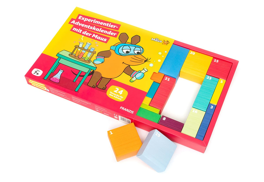 Experimentier-Adventskalender mit der Maus ab 7 Jahren – Geöffneter Maus-Adventskalender mit Handbuch und Materialboxen